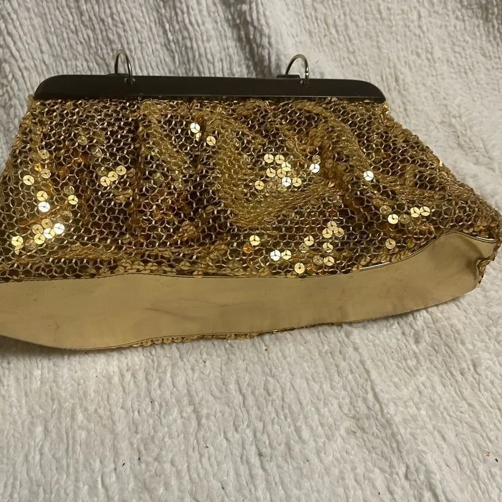 Gold Sequins with wooden black handles and frame handbag.